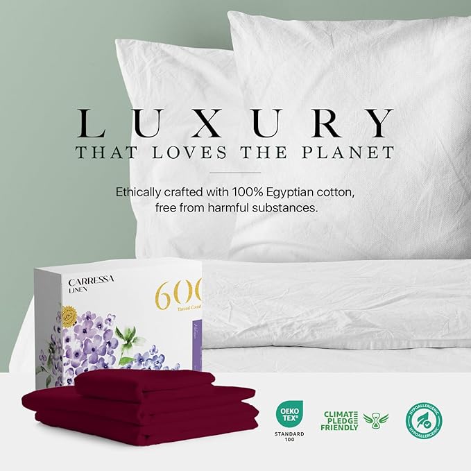 Carressa Linen 100% Egyptian Cotton Twin XL Sheets Set - 600 Thread Count Luxury Egyptian Cotton Sheets Twin XL Size (3 PC, Classic Burgundy), 16" Deep Pocket, Soft, Cooling, Sateen Weave Dorm Bedding