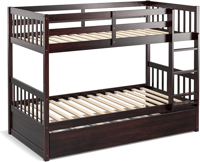 KOMFOTT Wood Twin Over Twin Bunk Bed with Trundle, Solid Pine Wood Bunk Bed Frame with Ladder & Safety Guardrails, Space-Saving Convertible Twin Bed Frame for Home & Dormitory, No Box Spring Needed