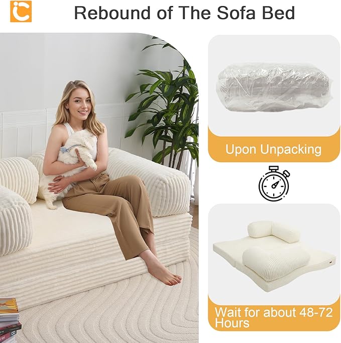 COMAX Folding Sofa Bed Queen, Foldable Couch Bed, Fold Out Futon Chair Sleeper for Adults, Convertible Floor Mattress Sofa for Bedrooom Living Room Guest Room, Faux Fur Light Beige
