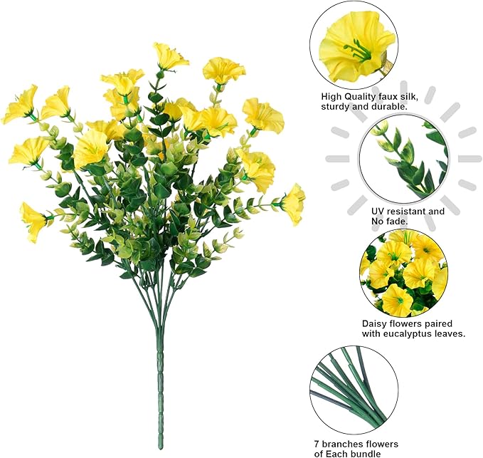 Artificial Flowers Fake Plants for Outdoors Decoration, 12 Bundles Yellow Silk Morning Glory with Eucalyptus Realistic UV Resistant Faux Flowers for Outside Planter Porch Yard Patio Garden Home Indoor
