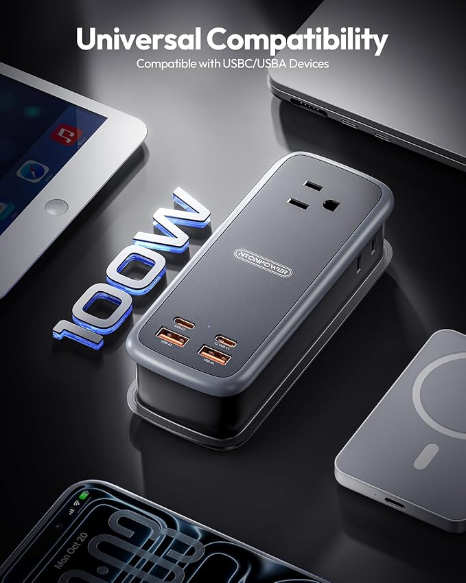 NTONPOWER 100W GAN Ultra Travel Power Strip, 7-in-1 USB C Charging Station with 3 Outlets 4 USB (2 Fast Charge)& 5FT Extension Cord, Compact Desktop Charger for MacBook, iPhone, Cruise, Office, Black