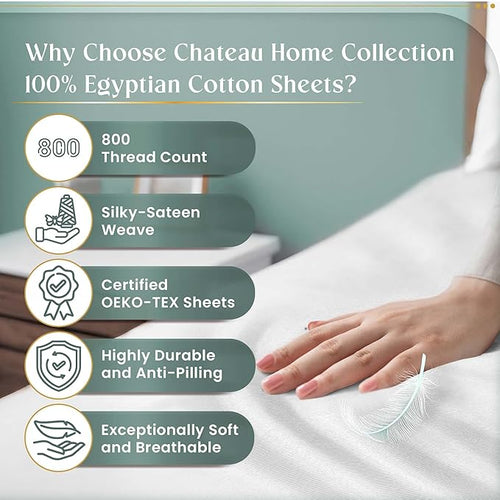 100% Egyptian Cotton Sheets Queen Size Bed Set, Deep Pocket Queen Sheet set, 800 Thread Count Cotton Bed Sheets, Naturally Cool Soft Breathable No Pill Elasticated Luxury White Bedding For All Seasons