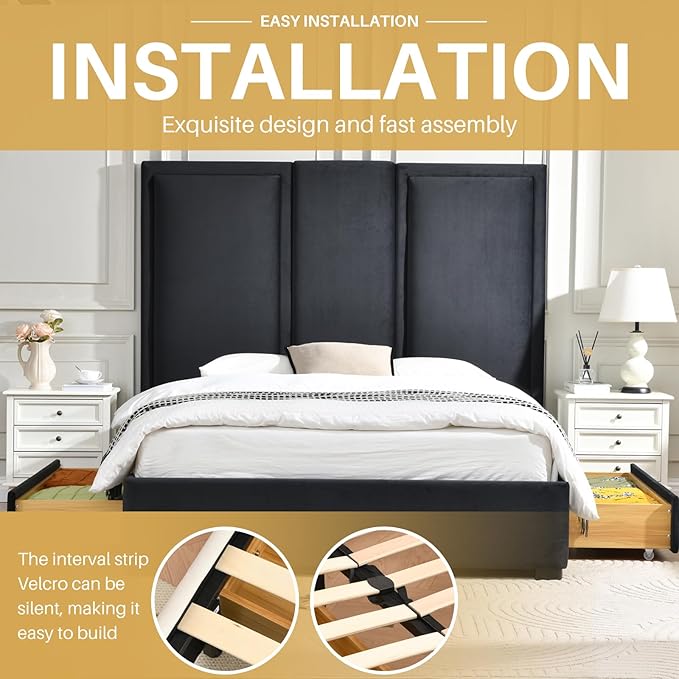 YUHUASHI Queen Size Bed Frame with 64-inch High Headboard, Simple and Airy Linen Upholstered Platform Bed with Storage Drawers, Wood Slat, No Noise (Ink Blue, Queen)