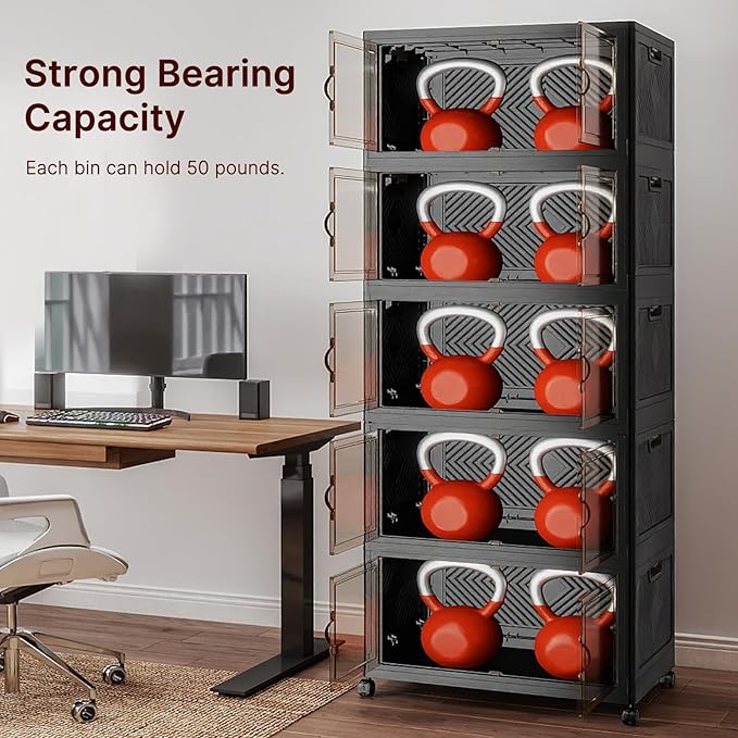 600Qt Stackable Storage Bins with Lids, 5 Pack Large Collapsible Bins with Wheels, Plastic Cabinet with Doors, Foldable Closet Organizers and Storage for Home, Dorm, Office, Black