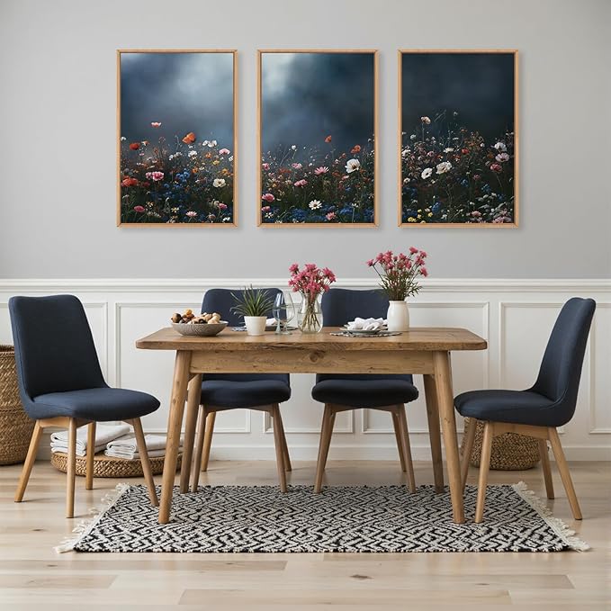 LHIUEM Large Nature Moody Floral Framed Canvas Wall Art,Abstract Dark Wall Decor,Wildflower Botanical Landscape Wall Painting,Picture Artwork for Living Room,Bedroom,Dining Room,Office -24"x36"x3