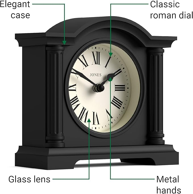JONES CLOCKS® Kensington Mantel Clock | Classic Arch top Clock | Black | Stylish & Contemporary | Ideal for Desk, Mantelpiece, Bookshelf or Bedside