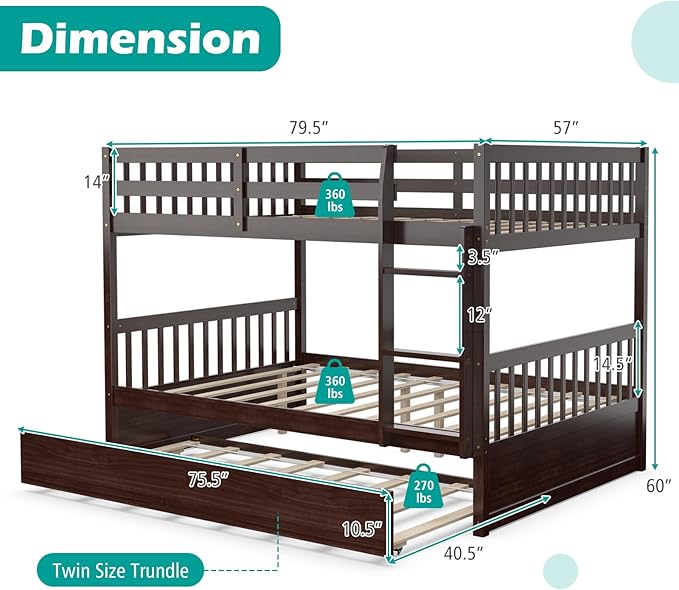 Giantex Full Over Full Bunk Bed with Trundle, Solid Wood Trundle Bed Frame w/Guardrails and Ladder, Convertible to 2 Beds, Full Size Bunk Beds for Adults Kids Teens, No Box Spring Needed,Espresso