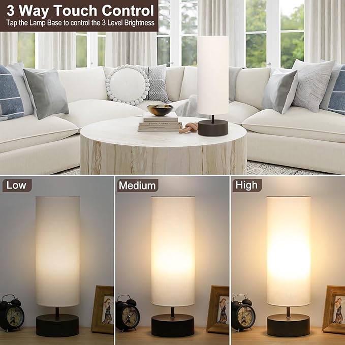 3 Way Dimmable Touch Control Table Lamp, Bedside Table Lamp with Dark Brown Base, Modern Nightstand Lamp with Beige Shade, Simple Night Light for Bedroom Living Room Home Office, 9W LED Bulb Included