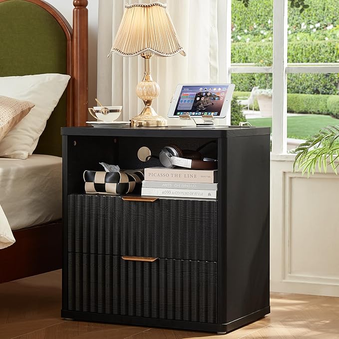 LEYAOYAO 48" Wide Fluted Dresser and 2 Drawers 23" Nightstand Set of 2, Wooden Dresser & Night Stand with Charging Station, 3 Piece Bedroom Furniture Set, Chest of Drawer for Living Room,Black