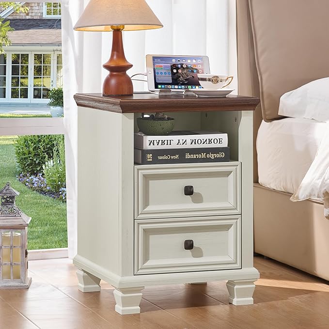 SAVOR LIFE Farmhouse Side Table with Charging Station, Antique Nightstands with Drawers, Bedside Table with Open Shelf for Bedroom, White