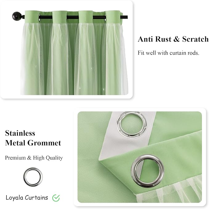 Stars Double Layer Blackout Curtains for Bedroom Kids, 72 Inches Long 2 Panels Set, Green