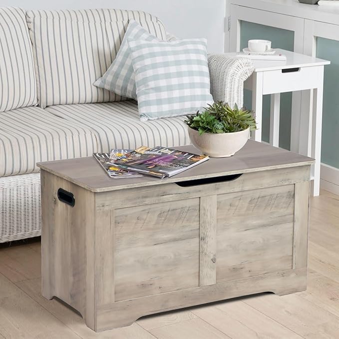 Timberer 31.5" Storage Chest, Wooden Storage Bench, Lift Top Toy Chest with 2 Safety Hinges, Large Toy Box, Entryway Shoes Bench for Living Room, Bedroom, Grey