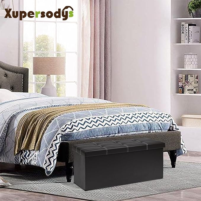 xupersodys 30 Inches Folding Storage Ottoman Bench, Faux Leather Footrest Ottoman, Storage Trunk Footstool for Bedroom, Living Room and Hallway, Support 350lbs, Black (White line)