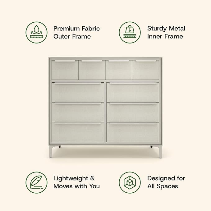 Naima Premium Fabric Dresser - Strong Metal Frame, 10 Spacious Sag-Proof Drawers with Sleek Metal Handles - Premium & Durable Storage Solution for Your Home (Beige)