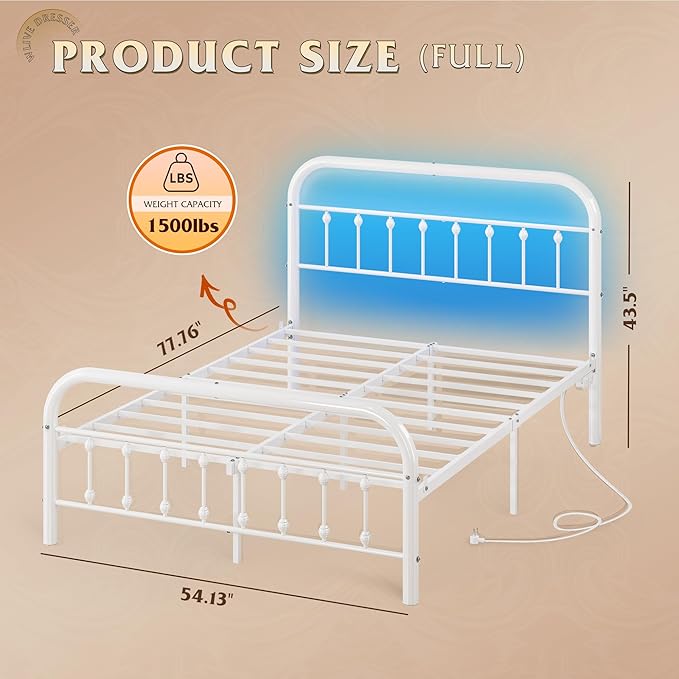 WLIVE Metal Platform Bed Frame, Full Size Bed Frame with Headboard, Bed Frames with LED Lights and Charging Station, 1500LBS Mattress Foundation, Under Bed Storage, No Box Spring Needed, White