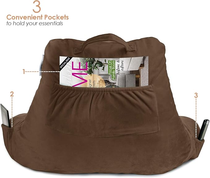 Nestl Reading Pillow with Shredded Memory Foam Designed for Sitting Up in Bed and Couch, Back and Arms Adjustable Support for Adult & Teens Backrest Pillows for Reading Washable Cover, Chocolate Brown