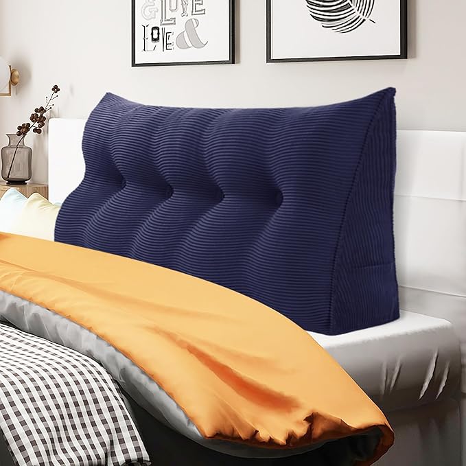 WOWMAX Triangular Headboard Pillow Full Bed Wedge Pillow for Headboard Large Bolster Pillow for Bed Wedge Pillow Headboard Daybed Pillows with Removable Cover, Corduroy(100% Cotton), Deep Blue