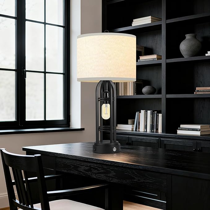 Black Table Lamps, Table Lamp with USB Port, 3 Color Temperatures, Stepless Dimming, Bedside Lamps, Bedroom Lamps, Farmhouse Lamps for Living Room(Bulbs Included)