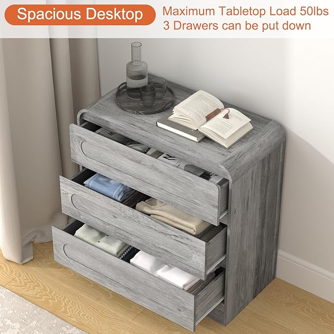 3 Drawer Dressers for Bedroom, 32" Wide Wood Storage Dresser & Chest of Drawers Organizer, Large Modern Dressers with 3 Drawer Storage Organizer for Bedroom Living Room Hallway Closet, Grey
