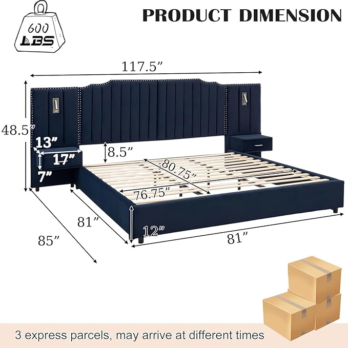 King Size Bed Frame with Storage, Luxury King Platform Bed Frame with Headboard, Velvet Fabric Upholstered Bedframe with LED Lights, Solid Frame & Bedside Table,No Box Spring Needed,Dark Blue