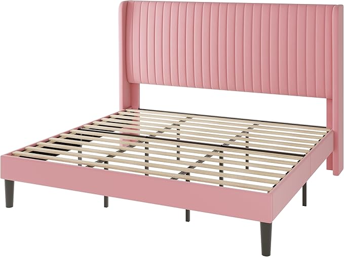 Allewie King Size Velvet Bed Frame/Vertical Channel Tufted Wingback Headboard/Upholstered Platform Bed/Strong Wooden Slats/No Box Spring Needed/Easy Assembly/Pink