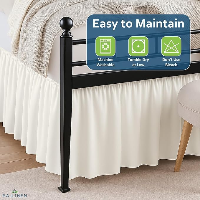 Rajlinen Ruffled Bed Skirt Full, 10 Inch Drop Dust Ruffle with Split Corners, 100% Microfiber Bedskirt with Platform, Three-Sided Coverage Ruffled Gathering Design, Ivory