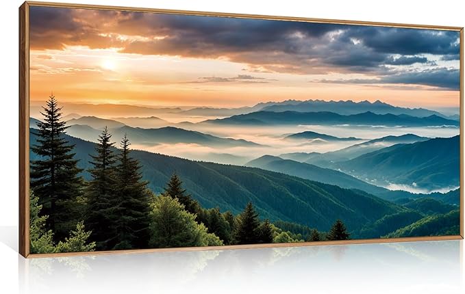 LHIUEM Large Nature Mountain Sunrise Framed Canvas Wall Art, Modern Misty Tree Wall Decor, Boho Forest Green Landscape Artwork, 20"x40"x1