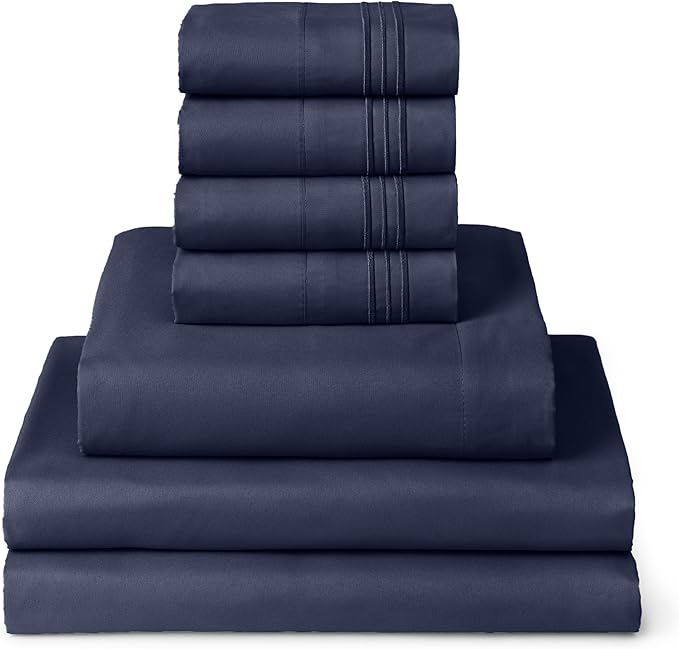 Mellanni Split King Sheet Set - 7-Piece Iconic Collection Bedding, (Including 4 Pillowcases), 16-Inch Deep Pocket, Easy Care, Extra Soft, Cooling Sheets, Brushed Microfiber - Navy Blue