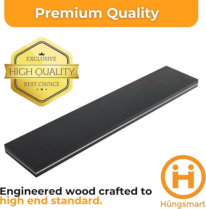 HÜNGSMART 60 Inch Wooden Floating Shelf – Supports 300lbs – 11 13/16 inch Deep - Engineered Wood – Black Stained Walnut Finish with Stainless Steel Insert– Includes Laser Welded Precision Wall Bracket