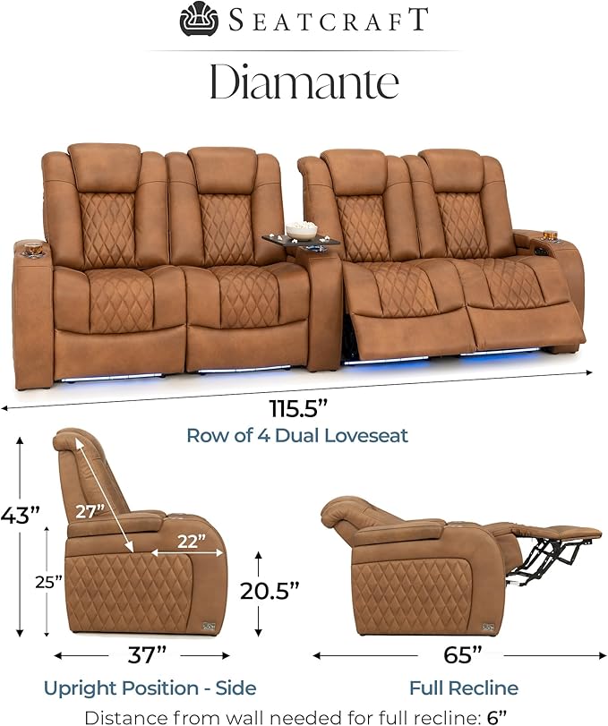 Seatcraft Diamante Zero-Gravity CoolZero Italian Leather Home Theater Seating, Power Headrest, Power Recline, Row of 4 Dual Loveseats, Tawny