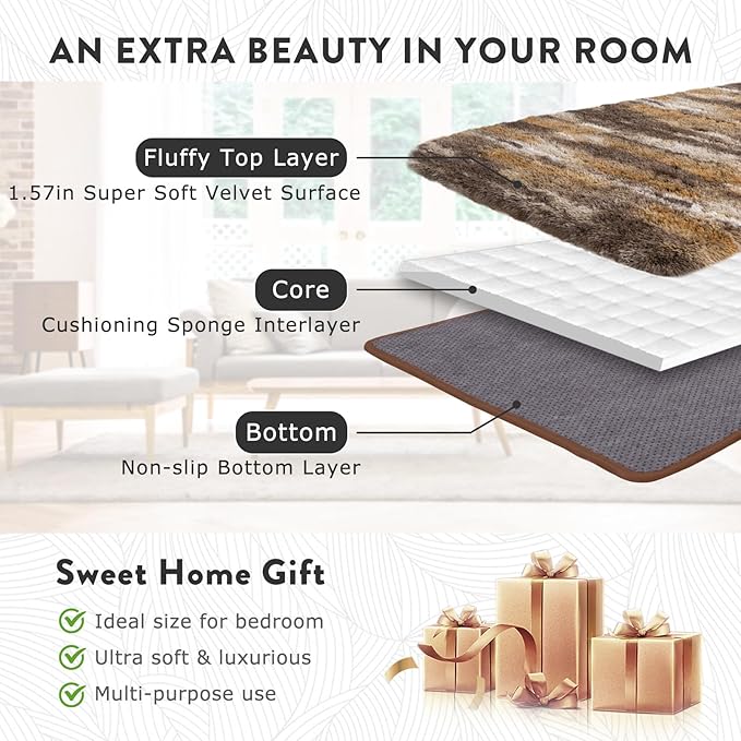 Fluffy Rugs for Bedroom Living Room, 4x6 Feet Abstract Brown Shag Area Rugs, Non-Slip Indoor Modern Fuzzy Plush Floor Carpet for Dorm Nursery Kids Room Decor, Soft Shaggy Throw Rug