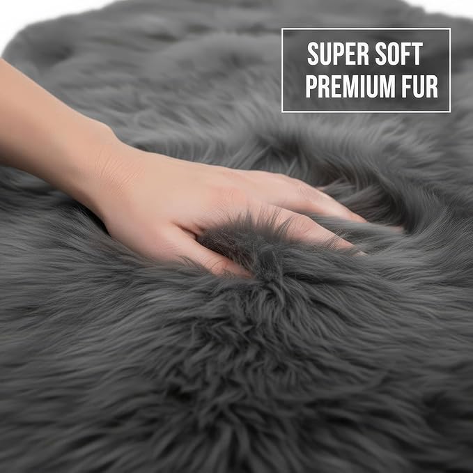 Super Area Rugs Dark Gray Sheepskin Rug - Super Soft Genuine Sheep Skin Fur Rugs - 2x3ft Fluffy Seat Cushion and Chair Cover - Great for Motorcycle Seats