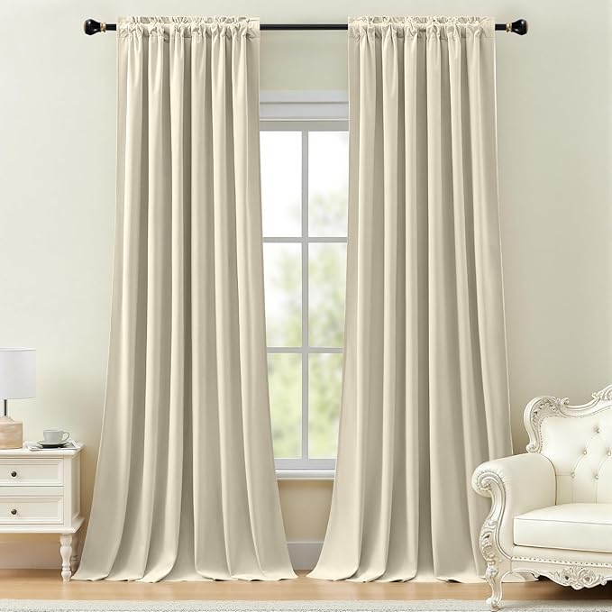 Velvet Curtains 108 Inches Long for Living Room, Luxury Room Darkening Thermal Insulated Soft Heavy Velvet Curtain Privacy Drapes for Home Office, Back Tab Rod Pocket, Ivory, W52 x L108, 2 Panels