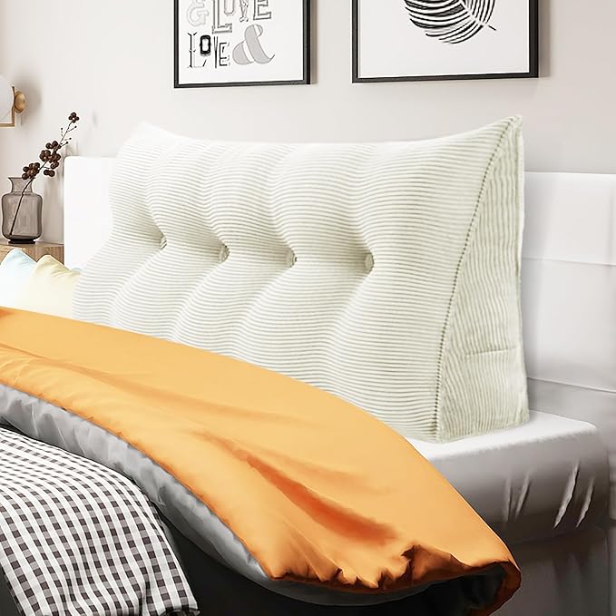 WOWMAX 100% Cotton Corduroy Headboard Pillow – Full Size Back Support Reading Wedge for Bed & Daybed, Plush Handmade Bolster Cushion with Removable Cover, Cozy Bed Rest Pillow, White