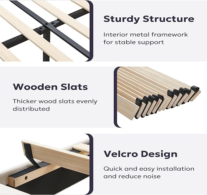 Queen Platform Bed Frame, Velvet Upholstered Bedframe with Vertical Channel Adjustable Headboard, Golden Plating Trim, Mattress Foundation with Wooden Slats, No Box Spring Needed, Black
