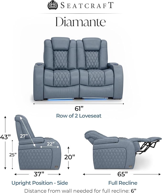 Seatcraft Diamante Zero-Gravity CoolZero Italian Leather Home Theater Seating, Power Headrest, Power Recline, Row of 2 Loveseat, Smokey Blue