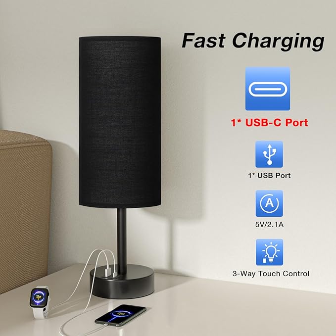 Black Touch Nightstand Lamps for Girl - Small Bedside Lamp with USB-C and USB Charging Ports, 3 Way Dimmable Control Table Lamp for Living Room Office, Dorm, Reading with Fabric Shade Black Base