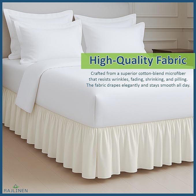 Rajlinen Ruffled Bed Skirt Twin, 8 Inch Drop Dust Ruffle with Split Corners, 100% Microfiber Bedskirt with Platform, Three-Sided Coverage Ruffled Gathering Design, Ivory