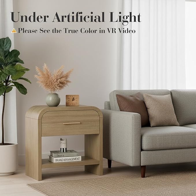 Night Stand [Unique Curved Profile] [FSC-Certified Wooden Board] 1-Drawer and 1 Storage Shelf Nightstand 24" H Metal Handle Modern Bedside Table Side Table End Table