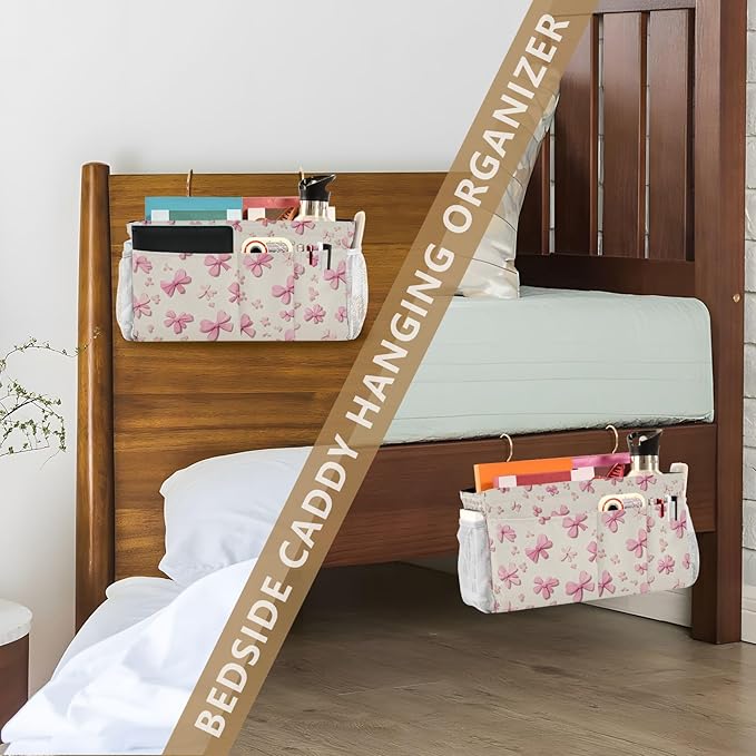 Bedside Caddy Hanging Bunk Bed Caddy Bed Organizer Hanging Pocket with 2 Hooks Bedside Storage Organizer Pocket Bag Holder Pink Cute Bow