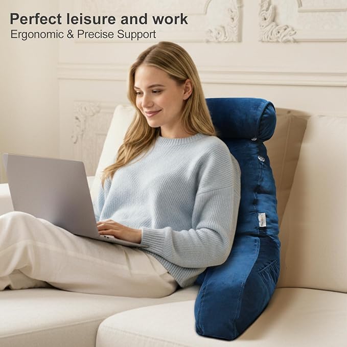 mittaGonG Reading Pillow for Sitting in Bed Adult with Detachable Neck Roll & Big Backrest Pillow for Bed Sitting up with Arms Side Pocket Shredded Foam Back Pillows Chair Pillow with Washable Cover