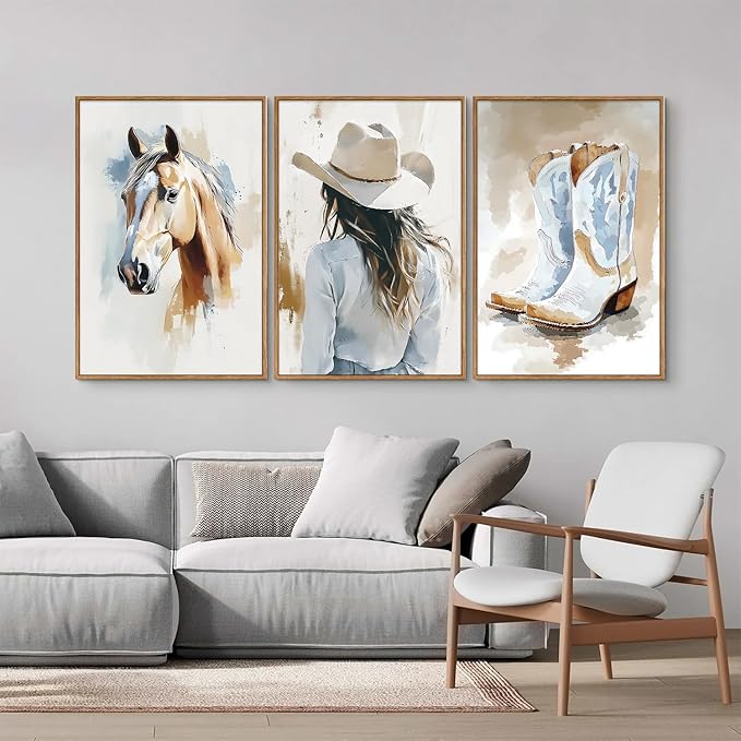 YeeHomedec Large Western Cowgirl Posters Framed Canvas Wall Art Set, Blue and White Horse Wall Decor, Glam Rodeo Boots Art Print, Vintage Country Hat Artwork for Living Room Bedroom Dorm 16"x24"x3
