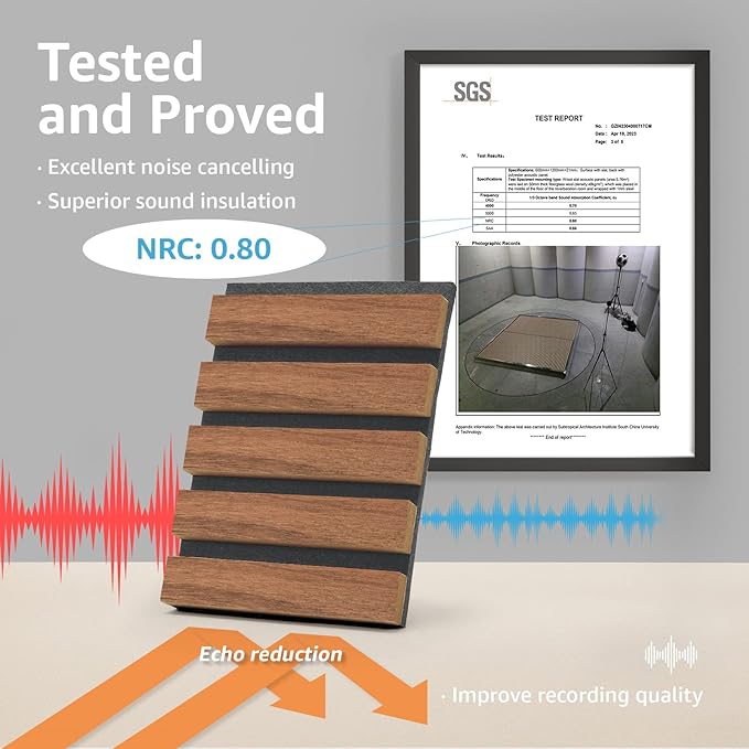 Art3d 2 Wood Slat Acoustic Panels for Wall and Ceiling - 3D Fluted Sound Absorbing Panel with Wood Finish - Walnut