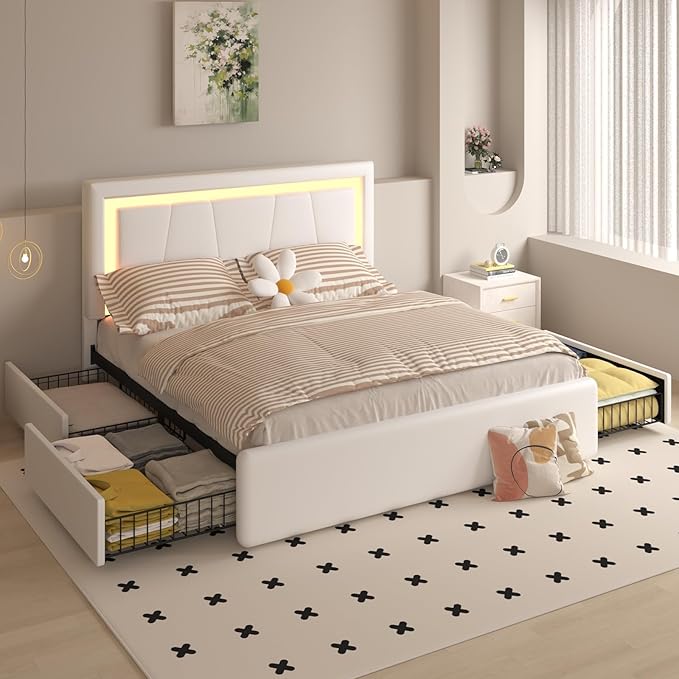Queen Bed Frame with 4 Storage Drawers and Adjustable Headboard, Upholstered Platform LED Bed with Type-C&USB Ports, Solid Wooden Slats Support, Faux Leather, Easy Assembly, Beige