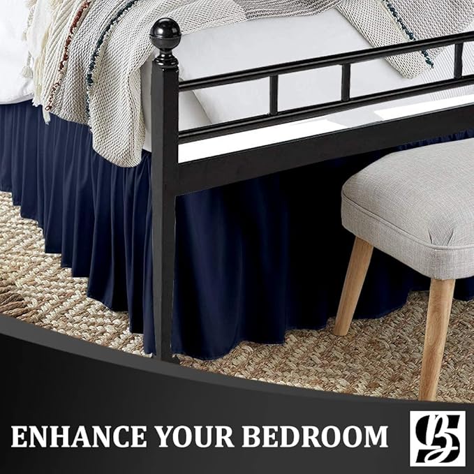SKY BEDDINGS - Queen Size Ruffled Bed Skirt with Split Corners - 14 Inch Drop Dust Ruffle Bed Skirt with Platform Three Sided Coverage - 100% Microfiber, Navy Blue