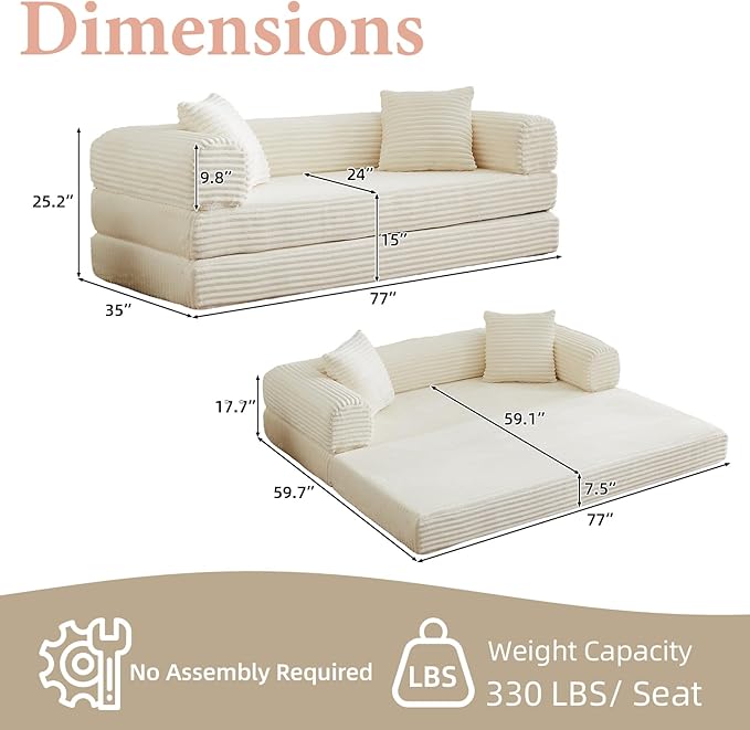 78 Inch Convertible Futon Sofa Bed,Folding Boneless Couch with Sleeper Sofa,Fold Out Floor Sofa Couch with Deep Seat,Cloud Corduroy Foldable Mattress Couches for Living Room(Off White)