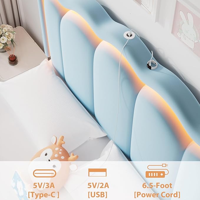 Velvet Upholstered Full LED Bed Frame with 2 Storage Drawers and Adjustable Chic Double Wavy Headboard, Princess Platform Bed with Charing Station, Solid Wood Slats Support,No Box Spring Needed,Blue