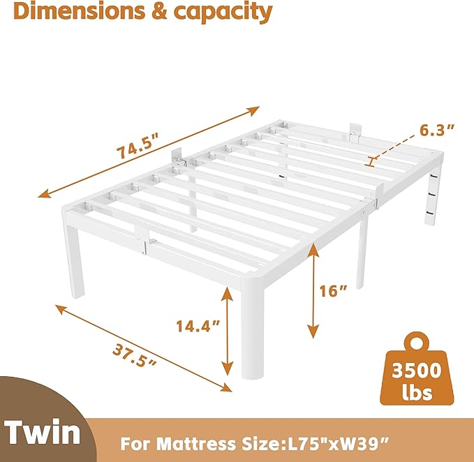 16 Inch Twin Size Bed Frames, Platform Bed with Metal Gaskets, Metal Bedframe No Box Spring Needed, DIY Headboard, Anti-Slip Mattress Stopper, Round Corner Leg, Easy Assembly, White