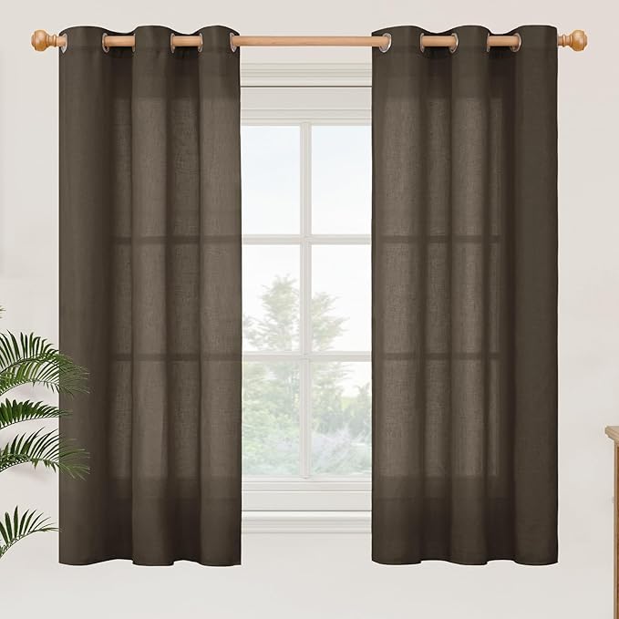 YoungsTex Dark Brown Linen Semi Sheer Curtains 45 Inches Length for Kitchen, Light Filtering Drapes with Grommet Privacy for Short Window Living Room, 2 Panels, 42 X 45 Inch