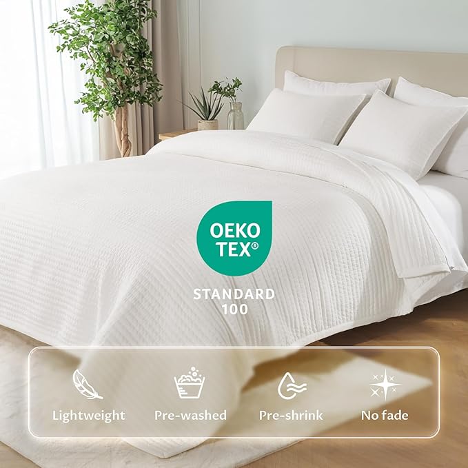 KASENTEX Queen XL Quilt Set 98"x98" – Soft Washed 3-Layer Lightweight Bedspread, Minimalist Nordic Design, All-Season Spring & Summer Quilt Set (1 Quilt + 2 Pillow Shams),Cream White